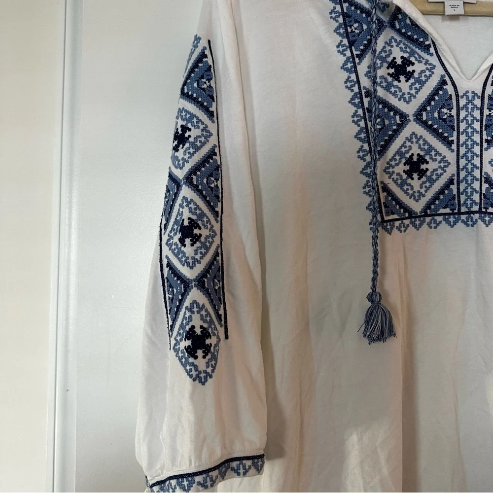 J. Jill White Embroidered Peasant Top Boho Tunic Tassel Detail Size L - Picture 2 of 12